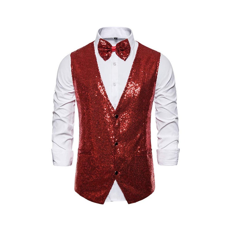 Catheive Men's Sequin Vest Shiny Suit Vest V-Neck Party Dress Waistcoat with Bowtie - Image 1